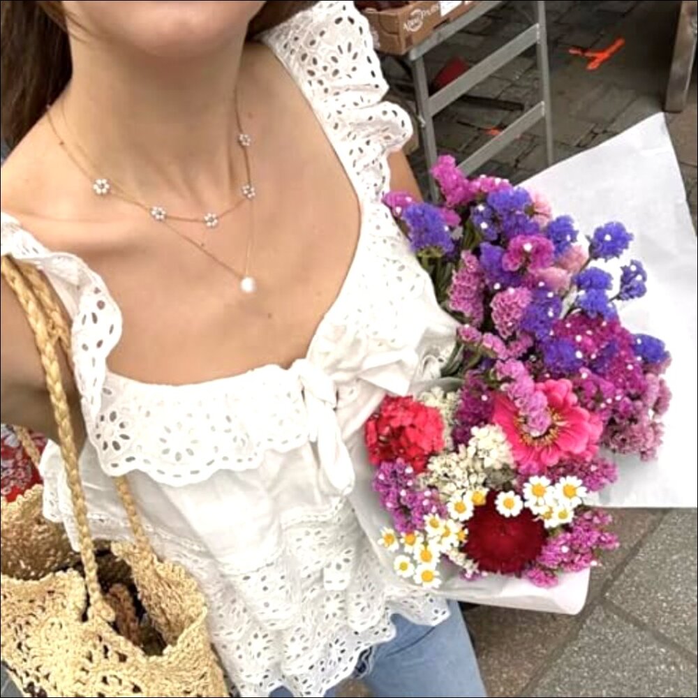 Gold-Plated Pearl Daisy Layered Necklace, 16 Inch Chain, Hypoallergenic - Picture 3 of 6